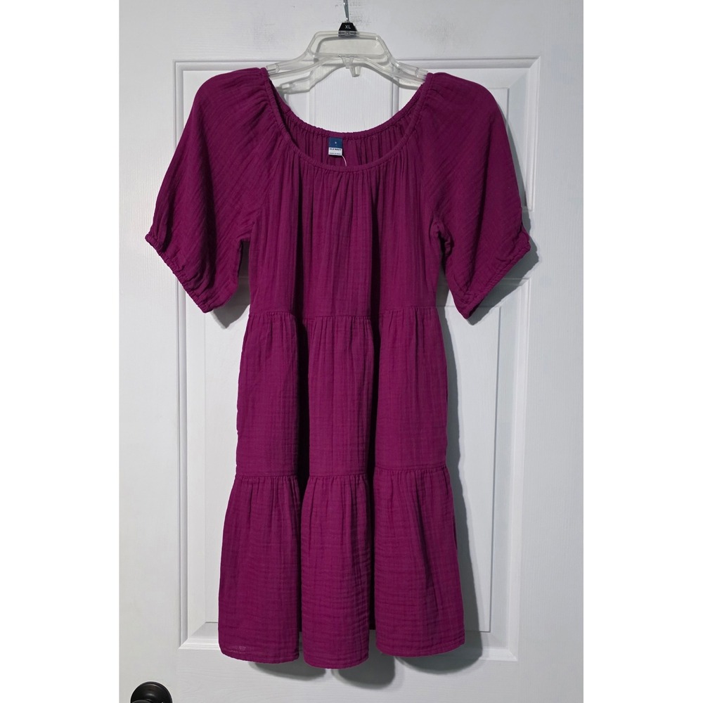Old Navy Women Small Purple Cotton Gauze Tiered Mini Swing Dress Short Sleeve